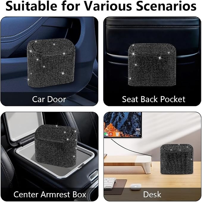 Car Trash Can with Lid, Bling Crystal Mini Vehicle Trash Bin Car Dustbin Garbage Organizer, Automotive Garbage Can Bin Trash Container for Auto Cars, Home, Office - Black