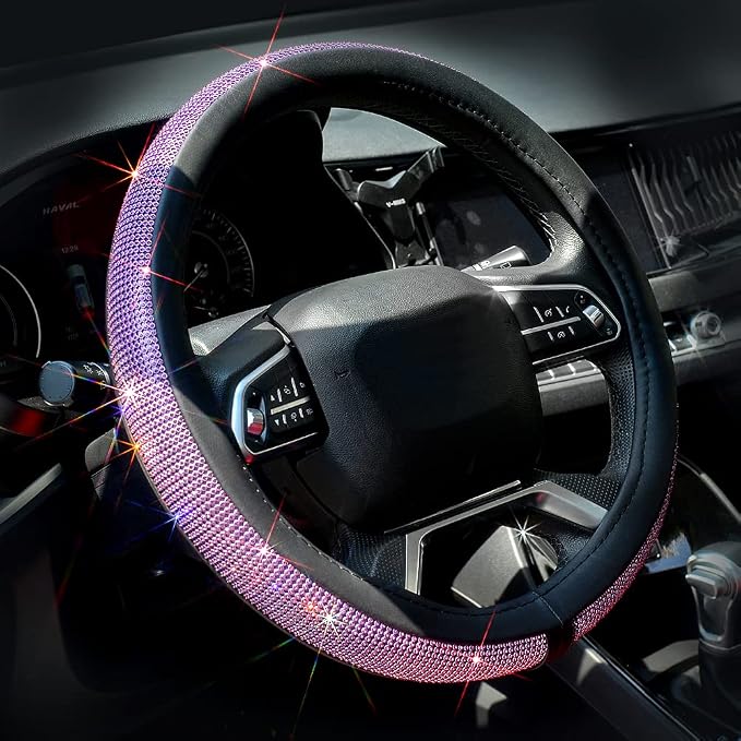 New Diamond Leather Steering Wheel Cover with Bling Bling Crystal Rhinestones, Universal Fit 15 Inch Car Wheel Protector for Women Girls Purple Diamond