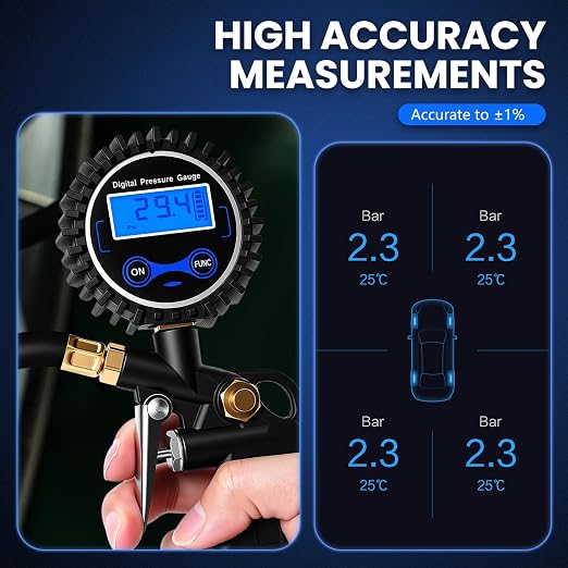 Digital Tire Gauge with Inflator & Deflator - LED Display & 0.1 PSI Resolution - Quick Release Valve & Heavy Duty Chuck - w/Adapter for Car, Truck, SUV, Motorcycle, RV, Balls