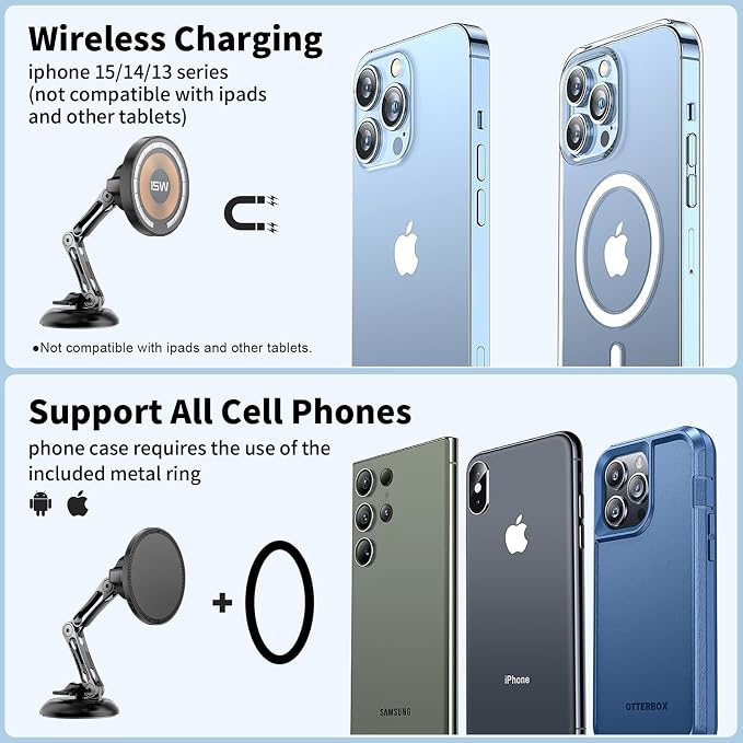 Magnetic Car Phone Holder, 15W for MagSafe Car Mount Charger(Fast Wireless Charging,Vacuum) 360°Adjustable Car Mount for Women Men iPhone 17-12