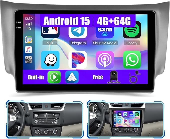 5Ghz WiFi [4G+64G] Android 15 Car Radio for Nissan Sentra 2013-2017 Car Stereo with Wireless Carplay/Android Auto, 10 Inch HD Touch Screen with GPS Bluetooth FM/RDS EQ SWC Backup Camera MIC