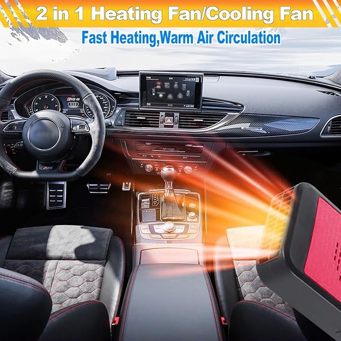 Portable Car Heater & Defroster – 12V 200W Fast Heating and Cooling Fan | Plug In Cigarette Lighter Windshield Defogger,with 360° Rotatable Portable Car Heaters for Vehicle, Car, SUV & RV