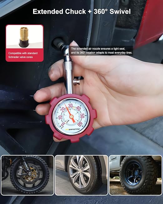 Tire Pressure Gauge, 5-60 PSI, ANSI B40.1 Certified, Extended 360° Swivel Head, Hold & Bleed Button, Dual Guard,Tire Gauges Fit for Cars and Motorcycles - Compact & Battery-Free