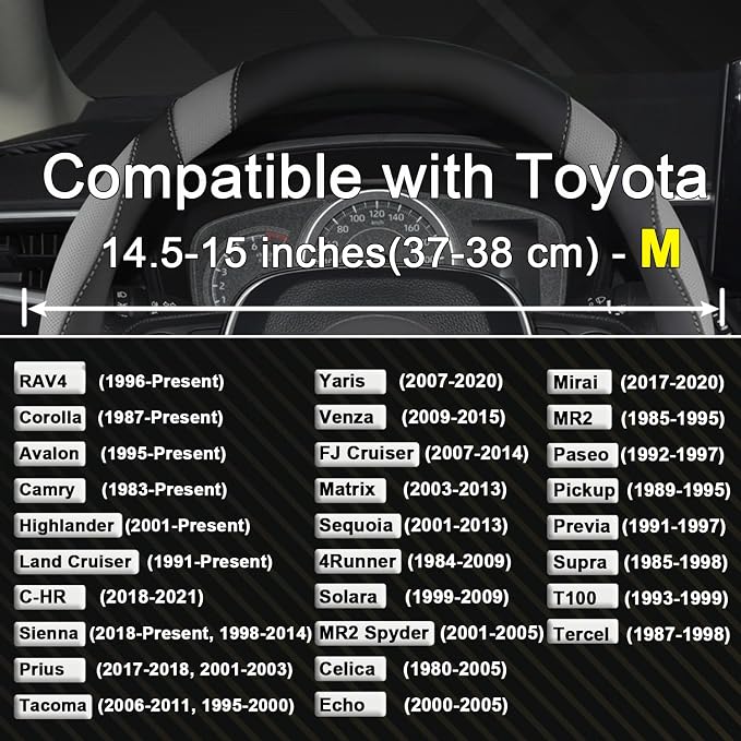 Customized Auto Car Steering Wheel Cover for Toyota Rav4 Corolla Camry Highlander (Black+Gray-Standard Size)