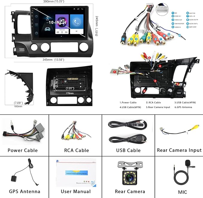 [4G+64G] for Honda Civic 2006-2011 Android Car Stereo with Wireless CarPlay Android Auto,10.1 Inch Android 13 IPS Touchscreen Car Audio Support Bluetooth GPS WiFi DSP Audio HD Rear Camera