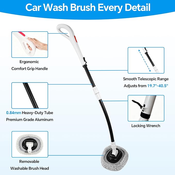 7-in-1 Car Wash Kit with 20L Folding Bucket & Brush – Car Wash Mop with Long Handle, 15° Curved Aluminum Pole for SUV Roof, Car Washing Brushes & Cleaning Supplies, RVs-White.