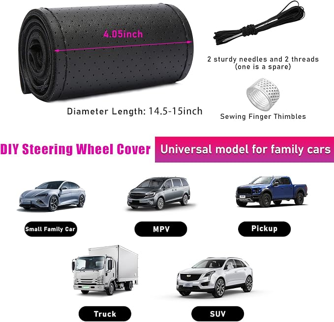 Genuine Leather Steering Wheel Cover, Stitch on Wrap, Breathable Anti-Slip Car Steering Wheel Protector for Max Diameter 15 Inch, DIY Sewing with Needles Thread (Black, Hole)