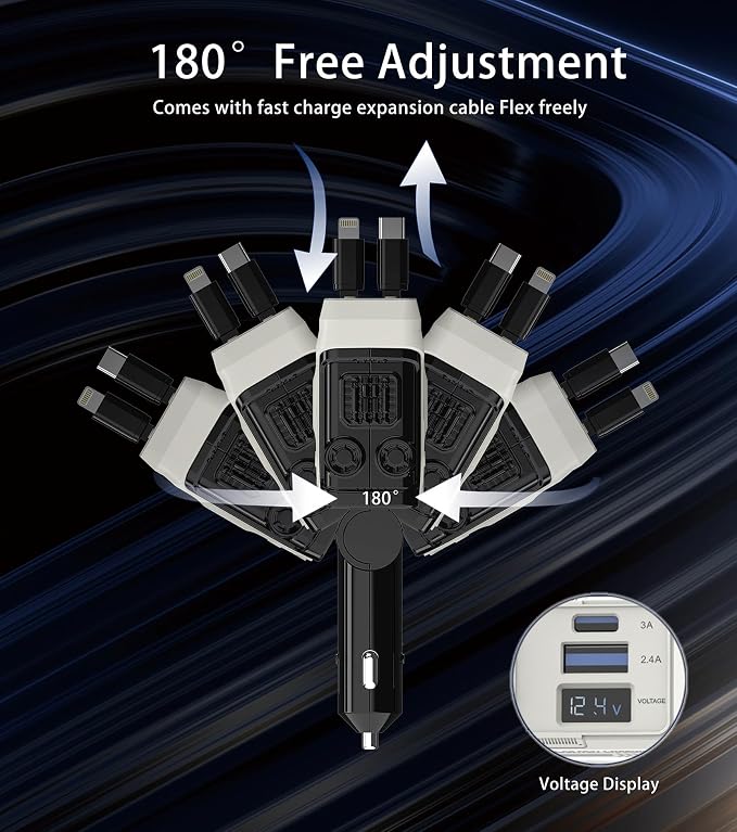 Retractable Car Charger, 4 in 1 Retractable Phone Charger with 66W Fast Charging, 2 Retractable Cables and 2 USB-C USB-A Port Compatible with iPhone 16/15/14/13/12/11, Samsung,Galaxy,Pixel (White)