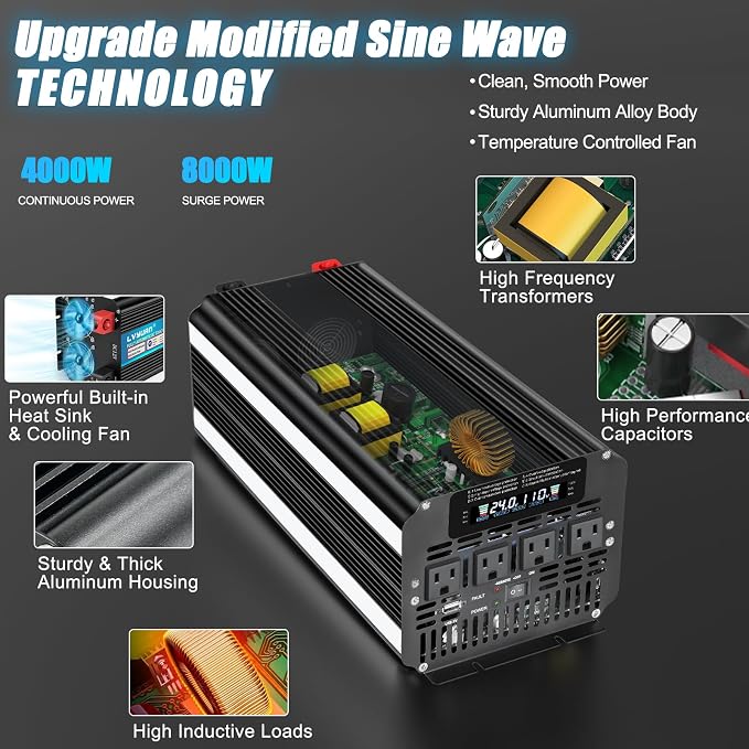 4000 Watt Power Inverter 24V to 110V 120V for Vehicle, Solar Inverter System, Heavy Duty, RV, Truck, Off Grid,Camping with 4 AC Outlets, LCD Display, Wireless Remote Control, Car Power Inverter