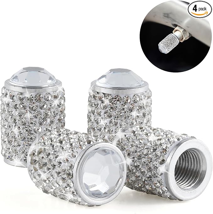 Car Wheel Tire Valve Caps, 4 PCS Bling Tire Valve Caps, Crystal Tire Caps Shinny Rhinestone for Women, Universal Car Dustproof Tire Valve Caps for Cars, Trucks, SUV and Motorcycles (White)