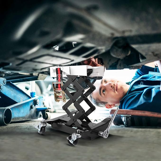 Transmission Jack 450 LBS Capacity: Low Profile Lift with 2M Safety Straps & 4 Brake Wheels, 7-23 Inch Range for Car & Truck Repair (Black)