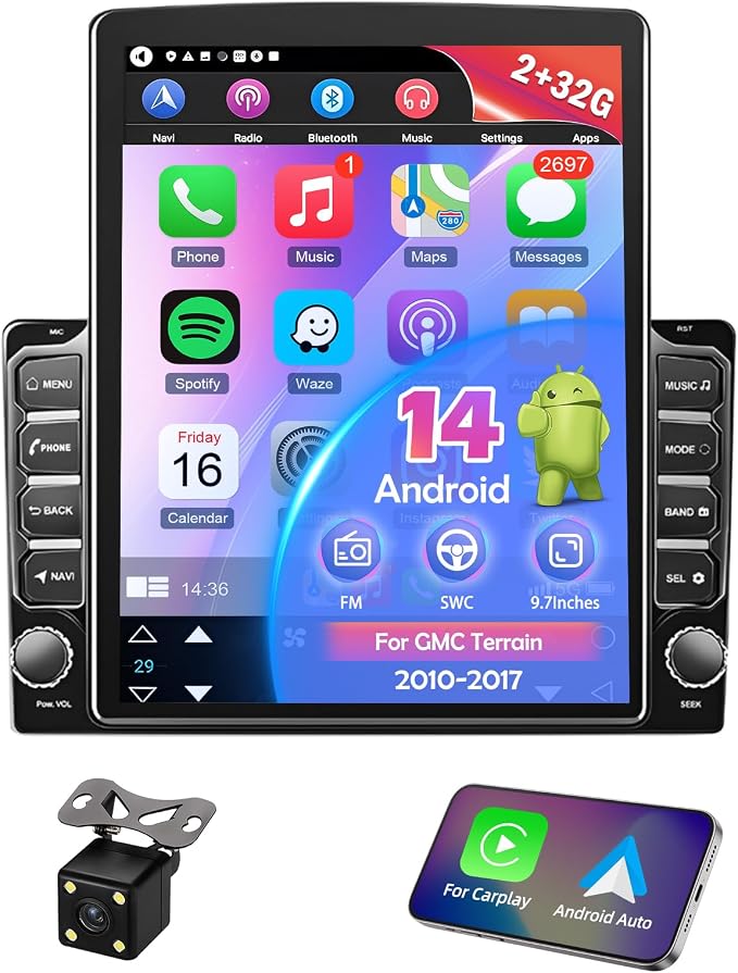 Android 14 Car Stereo Radio for GMC Terrain 2010-2017 with Wireless CarPlay & Android Auto, Head Unit Double Din 9.7" Touch Carplay Screen for Car, Bluetooth/WiFi/GPS/FM/SWC/Backup Camera 2+32G