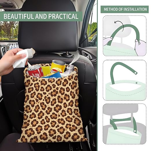 Cute Car Trash Can, Hanging Canvas Car Back Seat Organizer and Storage Bag, Funny Car Trash Bag for Travelling, Outdoor Cute Brown Leopard