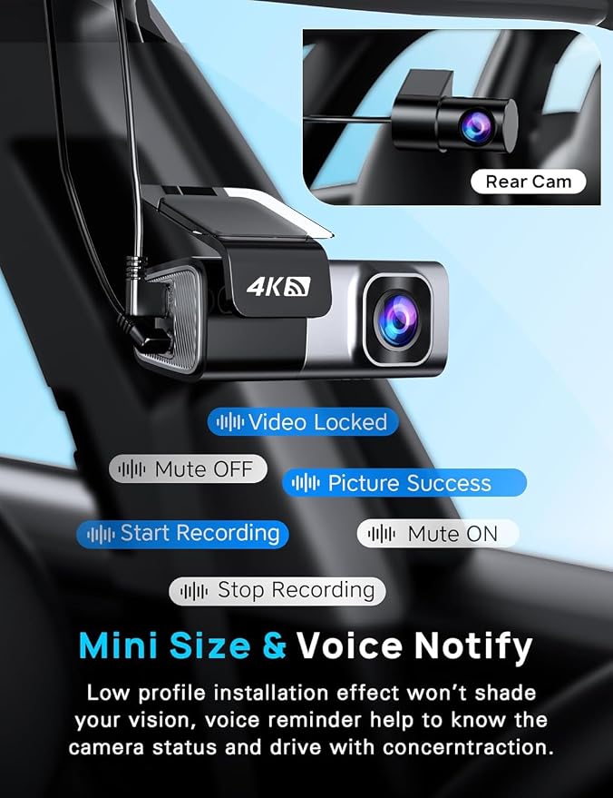4K Dash Cam Front and Rear, Built-in 5G WiFi, Dash Camera for Cars 4K Front and 1080P Rear, Dashcams for Cars Loop Recording, Gravity Sensor, 24-Hours Parking Mode, SD Card NOT Included