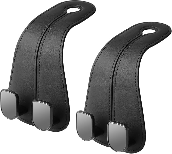 2 Pack Car Headrest Hooks for Purses and Bags Cute Leather Car Seat Back Head Rest Double Hooks for Bags Cute Pink Beige Car Accessories Headrest Back Seat Handbags Hook (Black 2 Pack)