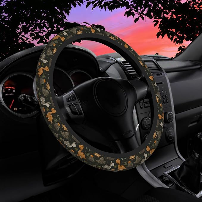 Cartoon Dinosaur Volcano Steering Wheel Cover for Women Men Neoprene Breathable Wheel Cover Protector Anti-Slip Car Accessories Universal 15 Inch Fit for Cars Trucks Vehicles