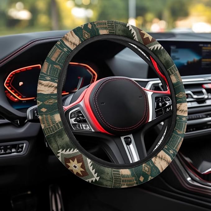 Car Steering Wheel Cover Universal 15 Inch Steering Wheel Protector Auto Accessories Decor Anti-Slip Washable Universal Fit Most Vehicles, Southwest Aztec Dark Green