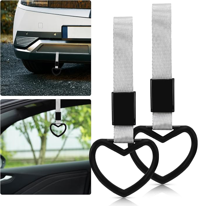 2 Pcs Heart Shaped Car Handle Strap – JD M Drift Charm Rear Bumper Warning Ring Decor for Car Interior Exterior, Subway Bus Handle Accessory, Cute Heart Car Decor Gift for Drivers (Black-Silver)