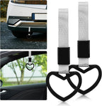 2 Pcs Heart Shaped Car Handle Strap – JD M Drift Charm Rear Bumper Warning Ring Decor for Car Interior Exterior, Subway Bus Handle Accessory, Cute Heart Car Decor Gift for Drivers (Black-Silver)