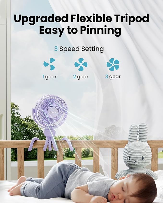 Mini Electric Fan with 360 Rotation, 5.5mm Gaps, Rechargeable Battery, 3 Speeds, Purple