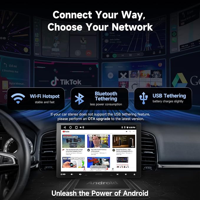 A5L 10 inch Android Double DIN & Single DIN Car Stereo, Floating QLED Touchscreen, Wireless Carplay & Android Auto, WiFi/USB/Bluetooth Tethering, Backup Cam, HDMI Out, DSP, ChatGPT AI