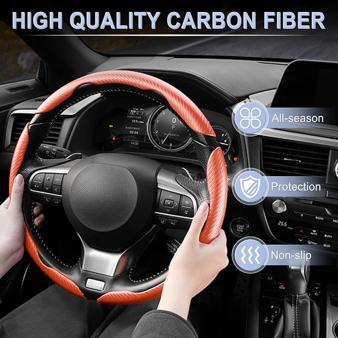 3pcs Carbon Fiber Anti-Skid Steering Wheel Cover, Waterproof & Segmented Butterfly Design, Universal 99% Vehicle Wheel Cover Protector, Car Interior Accessories (Orange-3pcs)