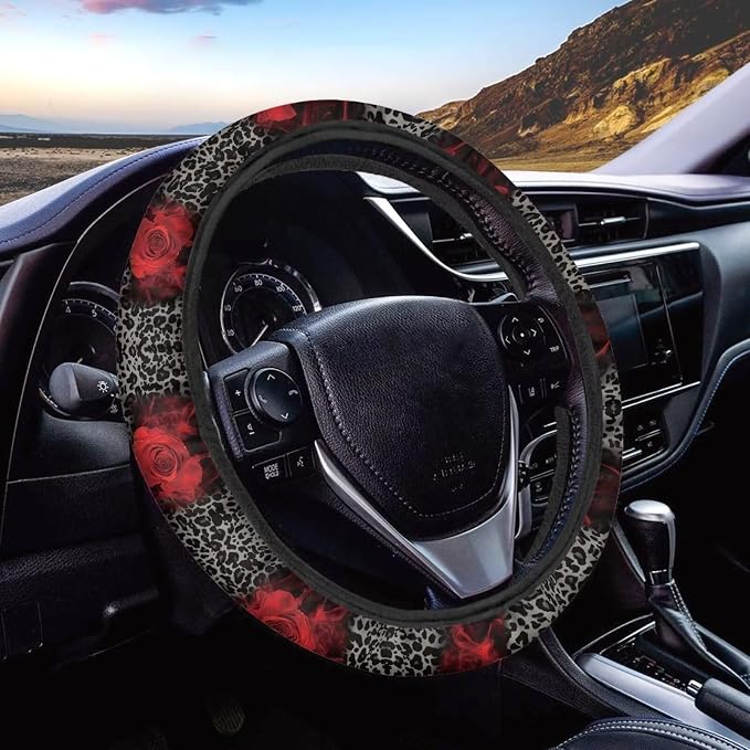 Retro Leopard Print Rose Sunflower Cow Pattern Wear-Resistant Steering Wheel Cover Fit for 15 inches Car Wheel Protector Automotive Accessories Universal Fit Car Van SUV Truck
