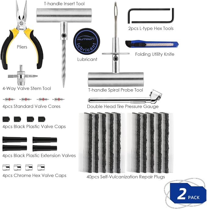 Flat Tire Repair Kit with Plug 68 Pcs for Car, Motorcycle, ATV, Jeep, Truck, Tractor Flat Tire Repair (2-Pack) (Set of 2-68pcs)