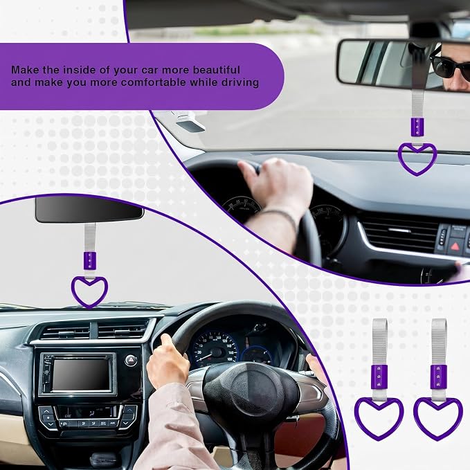 2PCS Heart Shaped Car Handle Straps, Rear Bumper Warning Keychain Ring for Car Exterior Accessories (Purple-Silver)