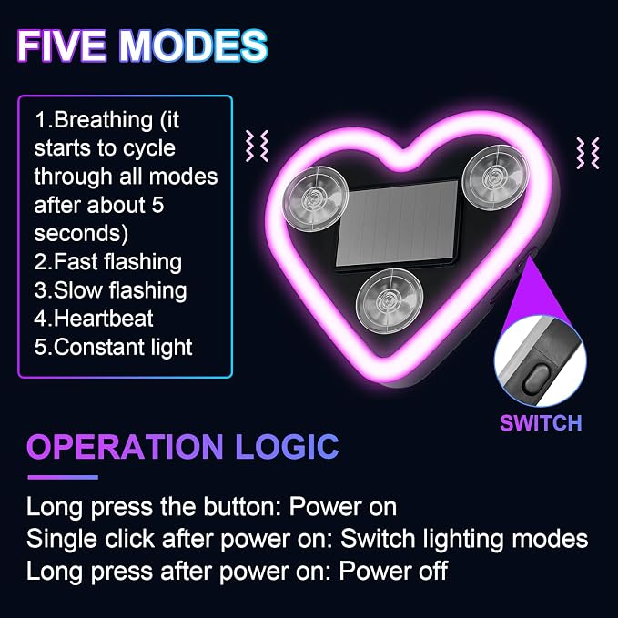 Heart-Shaped LED Neon Light | Solar and USB Rechargeable | 1 Pack Pink Car Interior Lights with Suction Cups | 40 High-Brightness LEDs Car Ambient Light, 5 Modes