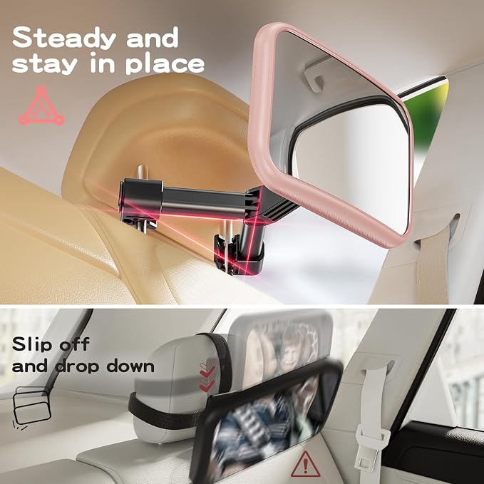 Baby Car Mirror with Stable Hook Clip, Never Falls or Shakes, Rear Facing Car Seat Mirror for Baby Newborn Essentials, Easy Install, Shatterproof & Crash Tested, Pink