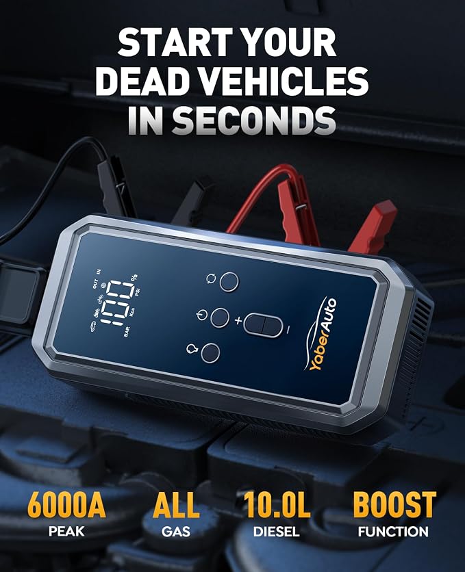 9-in-1 Jump Starter with Air Compressor 6000A 150PSI Portable Car Battery Jump Starter (All Gas/10L Diesel), 12V Jump Box Car Battery Jumper Starter Portable with Jumper Cables, 160W DC Out