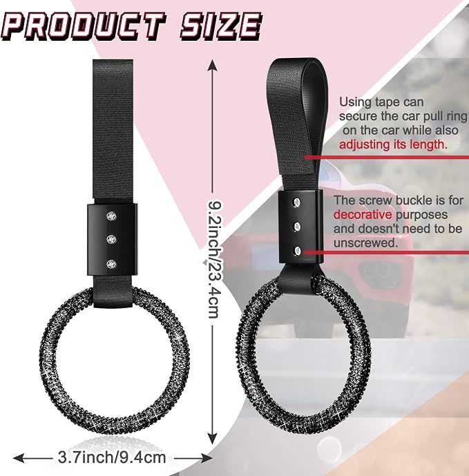 Round Car Handle Strap Drift Charm Car Accessories Bling Handle Ring for Women Rear Bumper Warning Ring Decor for Auto Bus Interior Exterior Decoration (Black, Round Style)