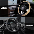 Car Steering Wheel Cover Leather Snap On 3Pcs Set Non-Slip Protector Wrap Steering Wheel Accessories 14.5-15 inch Universal Beige