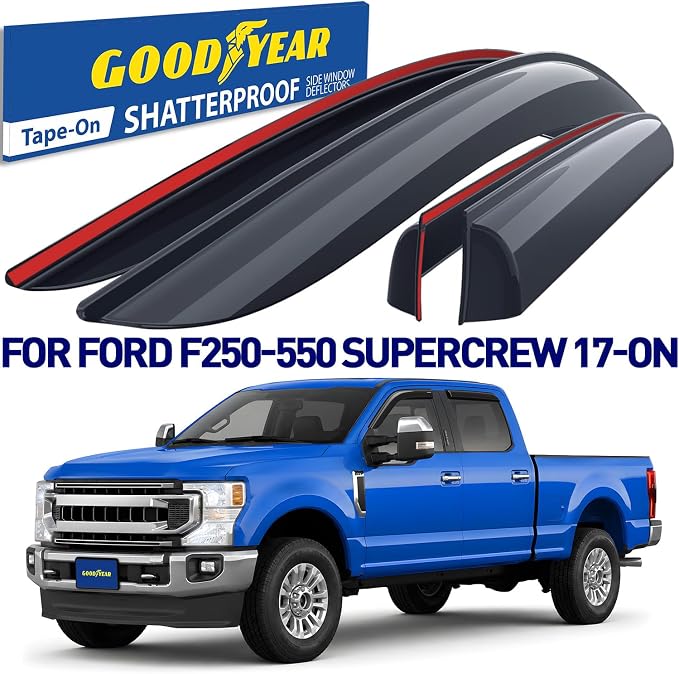 Goodyear Shatterproof Window Deflectors for Ford F250 to F550 Super Duty 2017-2026 Crew Cab, Tape-on Rain Guards, Window Visors, Vent Deflector Visor, Car Accessories, 4 pcs. - GY008899