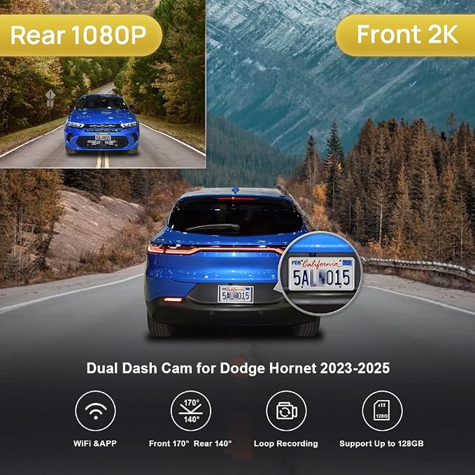 Front 2K+Rear 1080P Dash Cam for 2023-2025 Dodge Hornet GT R/T Plus (HD2-D5410), OEM Factory Look, Dual HD Video, Built-in WiFi & APP, Loop Recording, G-Sensor, Easy to Use, 64GB Card