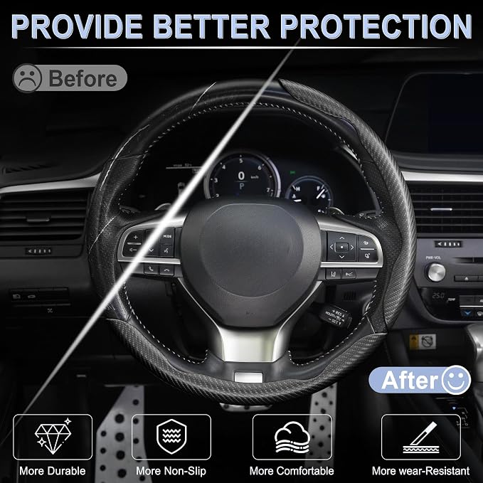 3pcs Carbon Fiber Anti-Skid Steering Wheel Cover, Waterproof & Segmented Butterfly Design, Universal 99% Vehicle Wheel Cover Protector, Car Interior Accessories (Black-3pcs)