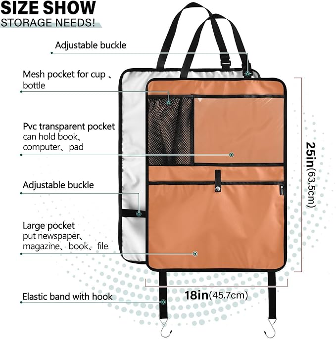 Orange Car Seat Organizer for Kids Backseat Kick Mat with Adjustable Strap Back of Seat Protector for SUV Cars Vehicle 2 Pcs