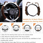 Car Steering Wheel Cover, Fluffy Soft Plush for Winter Warm, Cute Steering Wheel Protector with Kitty Cat Ears, Universal 15 Inch, Elastic & Anti-Slip, Lovely Decor Car Accessories (Coffee)