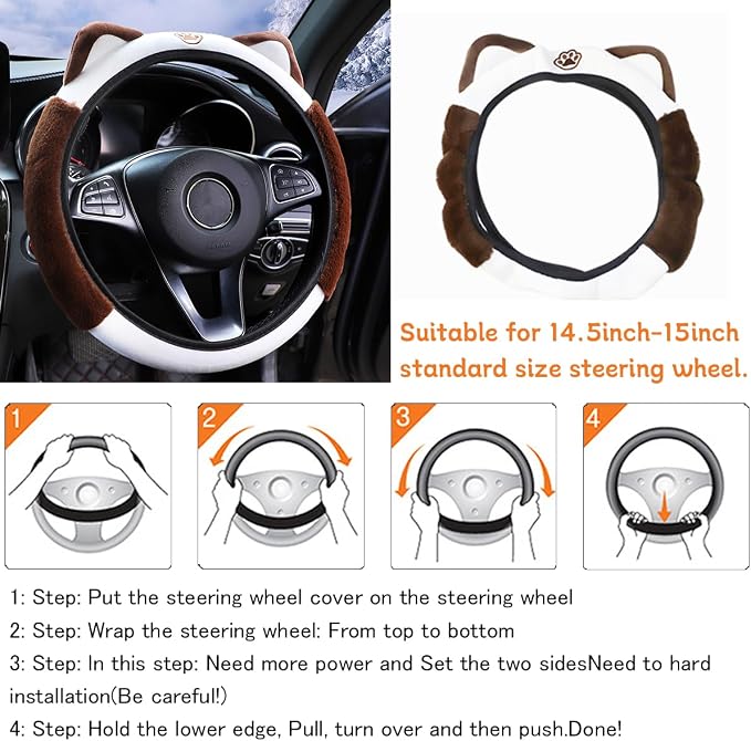 Car Steering Wheel Cover, Fluffy Soft Plush for Winter Warm, Cute Steering Wheel Protector with Kitty Cat Ears, Universal 15 Inch, Elastic & Anti-Slip, Lovely Decor Car Accessories (Coffee)