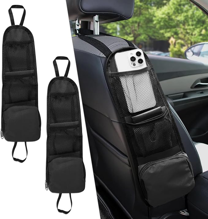 2PS Car Seat Side Organizer, Auto Seat Storage Hanging Bag, Multifunctional Vehicle Mesh Pocket Hold, Car Accessories Car Organizer Can Hold Phone, Wallet, Glasses for Most Cars
