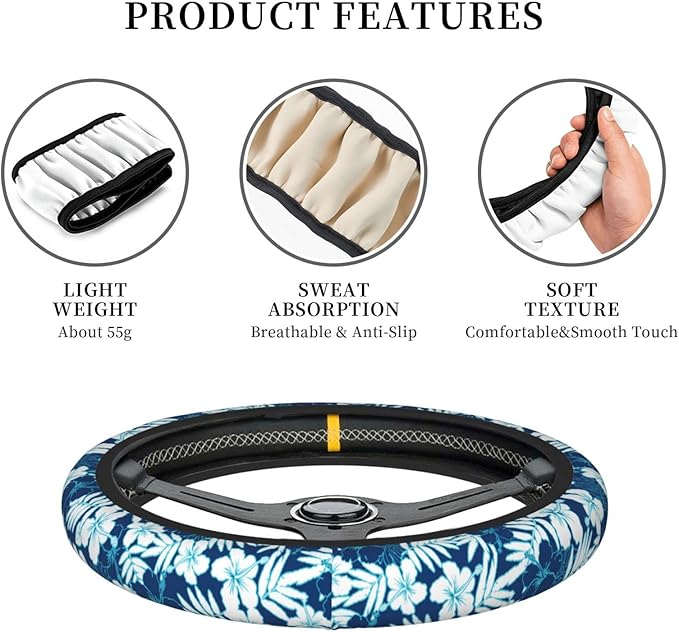 Hawaiian Hibiscus Flower Steering Wheel Cover Non-Slip Auto Steering Wheel Protector Car Accessories Universal Fit 15 Inches for Men Women