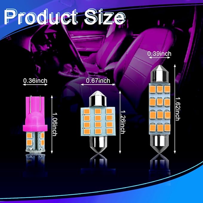 24PCS LED Interior Replacement Bulbs, Interior Car Lights, Dome Light LED Car Bulb Kit Set T10 31 mm 42 mm, Used for Map Dome Lights and License Plate Courtesy Lights Accessories (Pink)