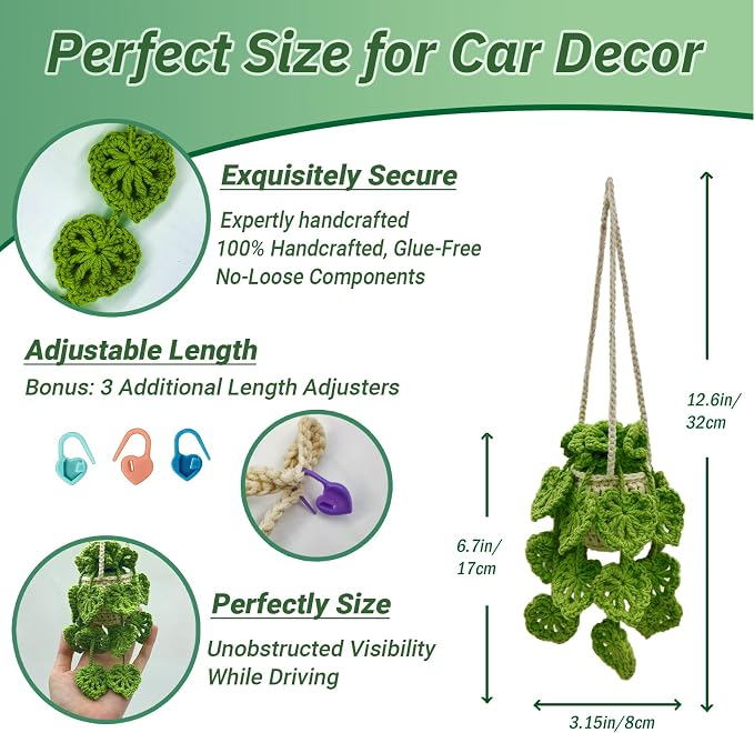 Crochet Hanging Plant for Car,Car Decorations Interior,Plant Aesthetic Car Accessories for Women Interior Cute,Car Ornaments Charms for Rear View Mirror,Boho Car Decoration Gifts