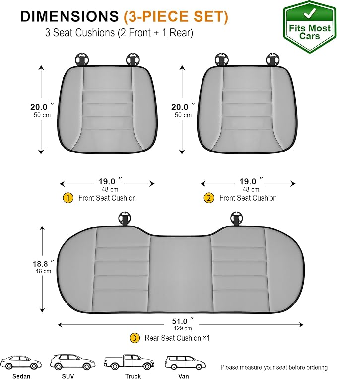 3-Piece Car Seat Cushion Set, 1.2inch Memory Foam Comfort, 2 Front Automotive Seat Cushions + Rear Bench Cushion, Non-Slip Bottom, Fits Sedan SUV Truck Van, Car & Office Chair, Gray