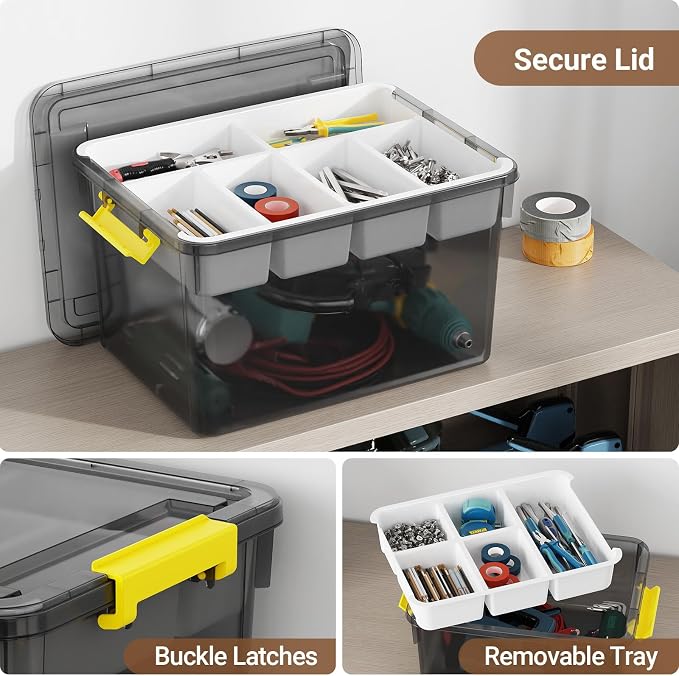 40Qt Large Stackable Storage Bin with Lid & Tray, Clear Plastic Latching Box Organizer with Divider Portable Container for Arts & Crafts, Home & Car Trunk Organization,Clear Grey,1Pack