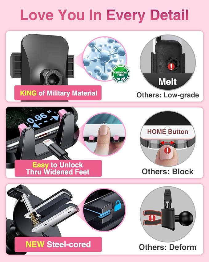 【85+LBS Strongest Suction & Military-Grade Ultimate Car Phone Mount【Patent & Safety Certs】 Cell Phone Holder for Dash Windshield Vent for iPhone 17 Pro Max Automobile Accessory Kits,Light Pink