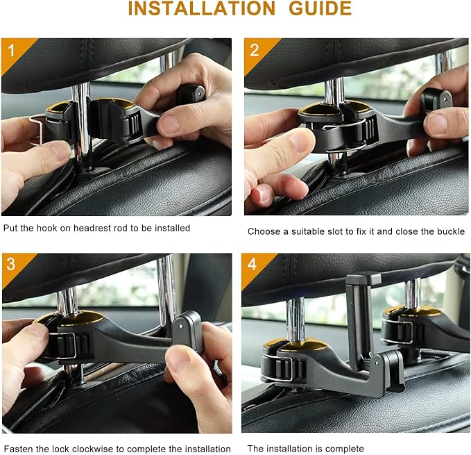 Car Headrest Hidden Hook with Phone Holder, Universal 360 Rotation, Gold, 2 Pack