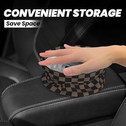Car Trash Can Set with 2 Cup Coasters, Chessboard Brown Waterproof Hanging | 3-in-1 Set: Hanging Car Trash Bag + 2 Cup Coasters. Chessboard Brown, Waterproof & Leakproof, Universal Fit