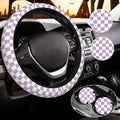 Light Purple Checkered Steering Wheel Cover for Women, Steering Wheel Covers with Anti-Slip Lining, Universal 14.5-15 inchs Car Interior Accessories with 2PCS Car Coasters Suitable for Men and Women